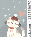 Cute cat with a red hat and bow sitting in falling snow with a pink heart above. 132539070