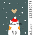 Happy white cat with orange spots wearing a red winter hat and a golden heart above. 132539073