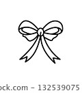Black line drawing of a neatly tied bow with symmetrical loops and ribbon ends. 132539075