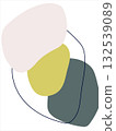 Soft overlapping shapes in pale pink, olive, and gray outlined by thin dark lines. 132539089