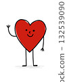 Smiling red heart character with thin stick arms and legs waving happily on a white backgroun 132539090