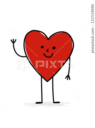 Smiling red heart character with thin stick arms and legs waving happily on a white backgroun 132539090