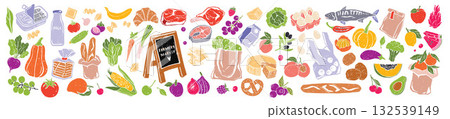 Fresh groceries hand drawn illustration, farm market food icon set, local shop product sticker print 132539149