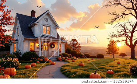 An idyllic rural scene at dusk 132539174