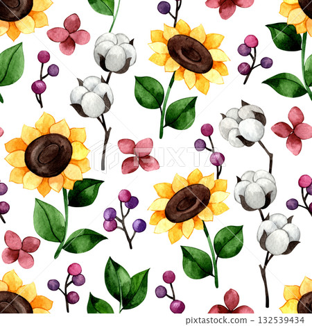 Cute watercolor seamless pattern with autumn flowers, cotton and sunflowers. Cartoon 132539434
