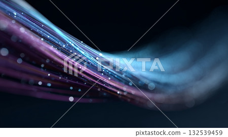 Abstract visualization of glowing fiber optic cables and streaming light trails on a dark background, representing high speed data flow, global networks and digital communication systems Abstract visualization of glowing fiber optic cables and streaming light trails on a dark background, representing high speed data flow, global networks and digital communication systems 132539459