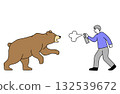 一幅簡單的線條向量插圖，描繪了一名男子向追趕的熊噴灑熊驅避劑的場景。 132539672