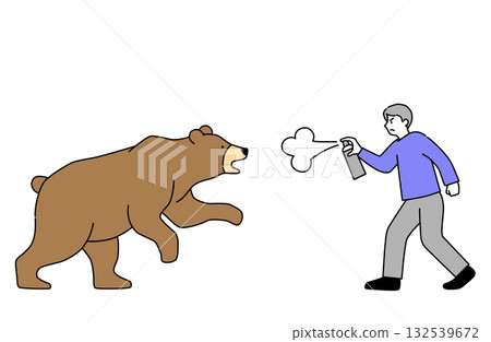一幅簡單的線條向量插圖，描繪了一名男子向追趕的熊噴灑熊驅避劑的場景。 132539672
