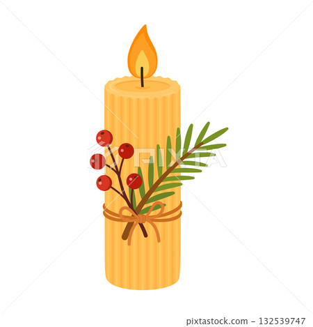 Christmas candle with pine branches, red berries, and a pine cone 132539747