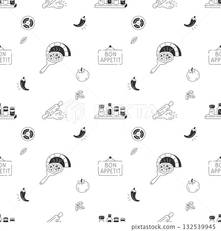 Woodfired oven pizza seamless pattern with tools and spices Woodfired oven pizza seamless pattern with tools and spices 132539945