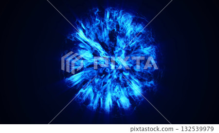 Abstract blue plasma explosion forming glowing energy orb with dynamic light motion. Futuristic luminous burst background representing power, energy and motion depth 132539979