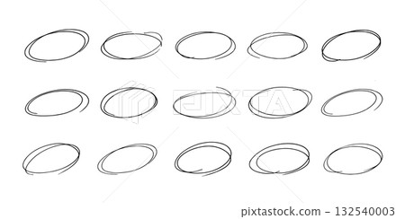 Ellipse pencil doodles for highlights. Black pen oval sketches. Marker circle doodles. Set of hand drawn horizontal circles isolated on white background. Realistic vector 132540003