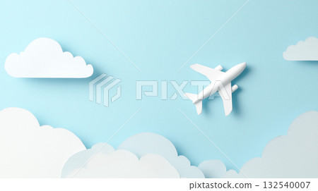 Airplane model floating in a refreshing blue sky and white clouds (for the future and travel) 132540007