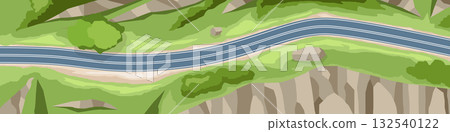 Above view of empty asphalt curves road path. Cutting through nature trail on the ridge. On both sides of the road are cliffs covered with green grass. Above view of empty asphalt curves road path. Cutting through nature trail on the ridge. On both sides of the road are cliffs covered with green grass. 132540122