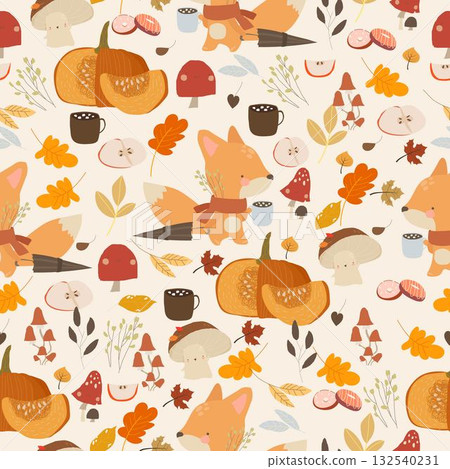 Seamless Pattern With Fox, Autumn Leaves, Vegetables and Pumpkins Seamless Pattern With Fox, Autumn Leaves, Vegetables and Pumpkins 132540231