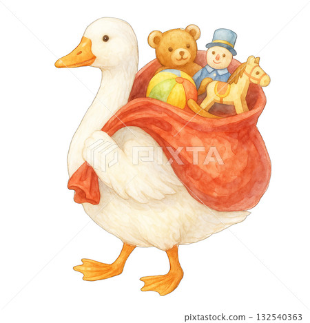 White duck carrying red sack with toys inside in watercolor style White duck carrying red sack with toys inside in watercolor style 132540363