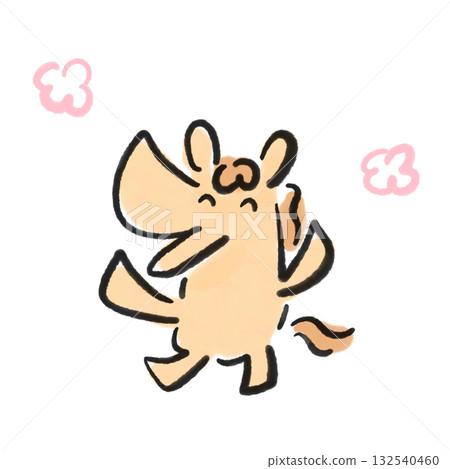 A smiling horse and plum blossoms, celebrating with a cheer in their hands. New Year's material. Sumi-e. Hand-drawn. 132540460