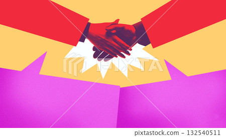 Modern collage. Business handshake agreement on bright background with film grain effect 132540511