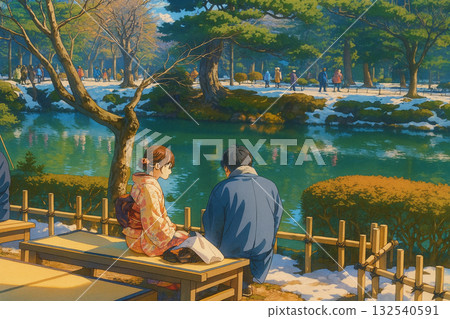 一對情侶坐在兼六園的噴泉前。 132540591