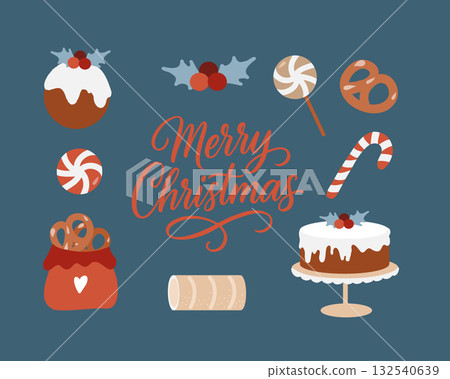 Lettering Merry Christmas and New Years attributes. Hand-drawn winter holiday decor clip art. Christmas sweets, cakes, pastries, candies, and biscuits. Flat illustration isolated on a dark blue Lettering Merry Christmas and New Years attributes. Hand-drawn winter holiday decor clip art. Christmas sweets, cakes, pastries, candies, and biscuits. Flat illustration isolated on a dark blue 132540639