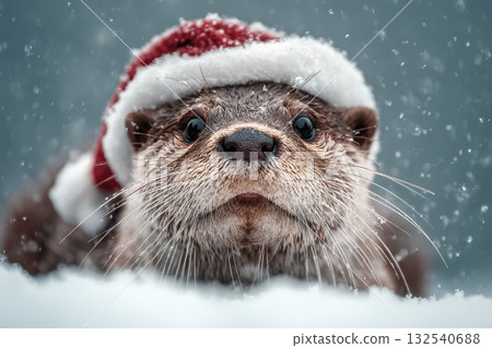 Otter in a Santa hat brings holiday cheer 132540688