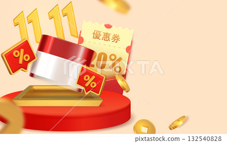 Floating vouchers and 11.11 discounts with red envelope and sale tags in realistic style Floating vouchers and 11.11 discounts with red envelope and sale tags in realistic style 132540828