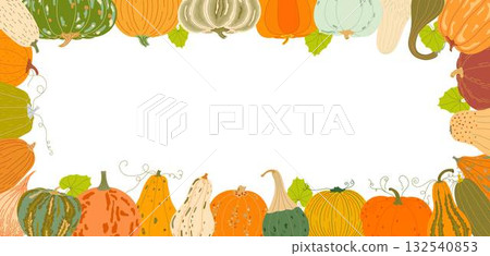 Pumpkins autumn vegetable border, festive rectangular frame decorated with squash and gourds in warm fall colors, seasonal Thanksgiving holiday or harvest background for invitations, cards, posters 132540853