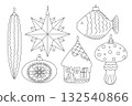 Christmas tree bauble set in form of star, house, mushroom festive decor doodle outline hand drawn vector illustration for winter holidays seasonal greeting card, invitation, sticker, line art clipart 132540866