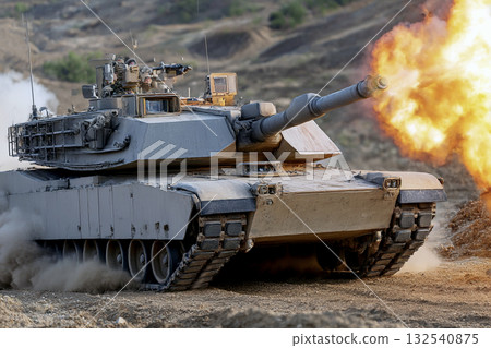 Battlefield Action with Modern Tank Firing Powerful Cannon in Military Exercise 132540875