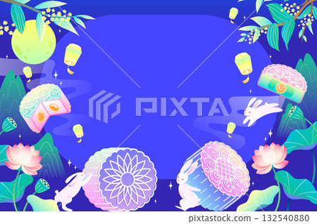 Mid-Autumn festive background with rabbits mooncakes lanterns and full moon in hand-drawn flat style Mid-Autumn festive background with rabbits mooncakes lanterns and full moon in hand-drawn flat style 132540880