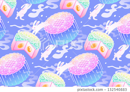 Mid-Autumn composition with mooncakes rabbits and traditional treats in hand-drawn flat style 132540883