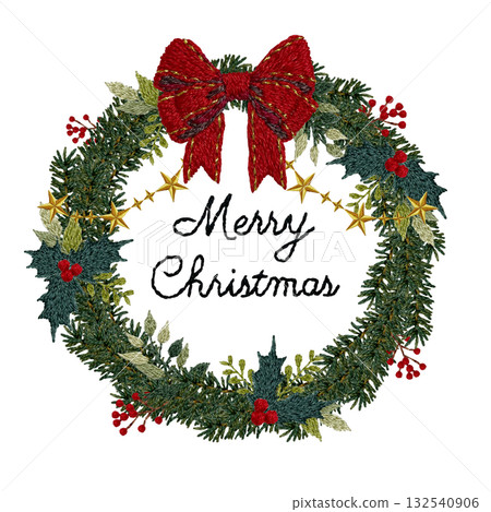 [Christmas wreath round frame with text] Hand-embroidered illustration material 132540906