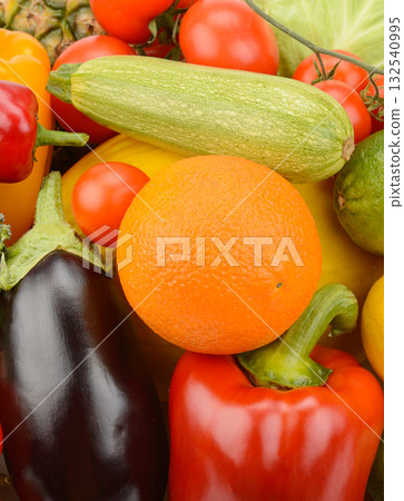 Vibrant Close-up Texture of Fresh Mixed Fruits and Vegetables 132540995