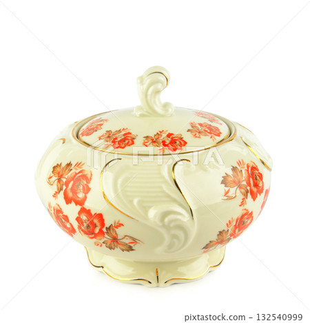 Isolated Vintage Ceramic Sugar Bowl with Floral Pattern 132540999