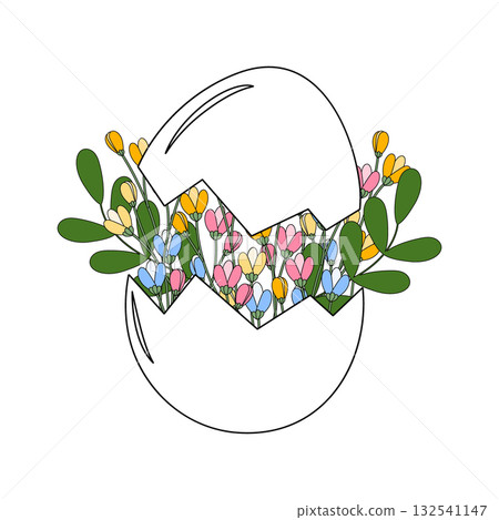 Outline Easter Egg with Colorful Flowers and Sprigs Springtime Modern Floral Composition Flat Design Outline Easter Egg with Colorful Flowers and Sprigs Springtime Modern Floral Composition Flat Design 132541147