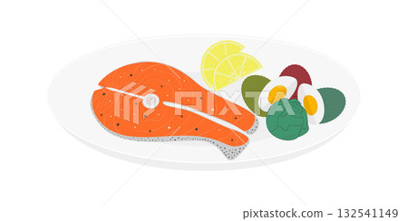 Seasoned Salmon Steak Lemon Slices Halves Hard Boiled Egg Salad Leaves and Brussels Sprouts on Plate 132541149