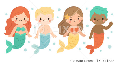 Mermaid underwater children ocean with cute cartoon sea illustration. Colorful vector tails swimming through bubbles. Magical fantasy fun for kids 132541282