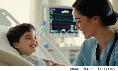Nurse gently sits with child in hospital, symbolizing healthcare compassion, pediatric care, trust, and emotional human connection Nurse gently sits with child in hospital, symbolizing healthcare compassion, pediatric care, trust, and emotional human connection 132541309