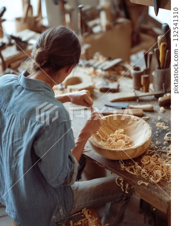 Focused artisan hand-carves wood bowl in rustic workshop, reflecting craftsmanship, traditional tools, and handmade interior decor artistry Focused artisan hand-carves wood bowl in rustic workshop, reflecting craftsmanship, traditional tools, and handmade interior decor artistry 132541310
