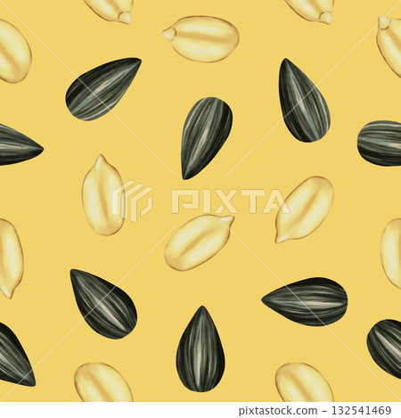Seamless watercolor pattern with sunflower seeds and grains. Ideal for packaging, textiles, wrapping paper and healthy food design. 132541469