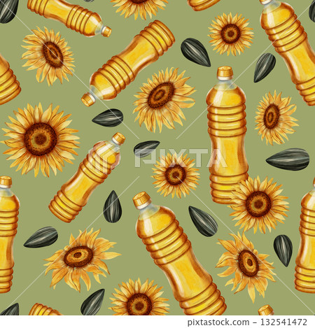 Watercolor seamless pattern with sunflower oil bottles, sunflower seeds, and blooming sunflowers. Great for textile design, packaging, wallpaper and eco-products. Watercolor seamless pattern with sunflower oil bottles, sunflower seeds, and blooming sunflowers. Great for textile design, packaging, wallpaper and eco-products. 132541472