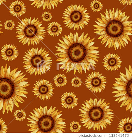 Seamless watercolor pattern with tall sunflowers and green leaves. Great for textile design, packaging, wallpaper and eco-products. Seamless watercolor pattern with tall sunflowers and green leaves. Great for textile design, packaging, wallpaper and eco-products. 132541473