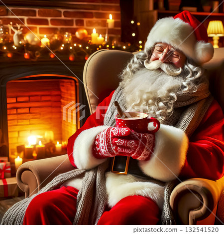 Fanta sitting in armchair by fireplace with cup of tea in hands, Christmas setting 132541520