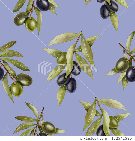 A seamless watercolor pattern with hand drawn green and black olives, olive branches, and leaves. Food illustration. Perfect for fabric, packaging, and design. 132541580