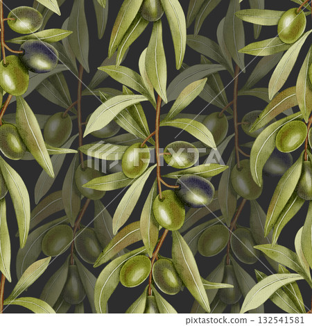 A seamless watercolor pattern with hand drawn green and black olives, olive branches, and leaves. Translucent. Food illustration. Perfect for fabric, packaging, and design. 132541581