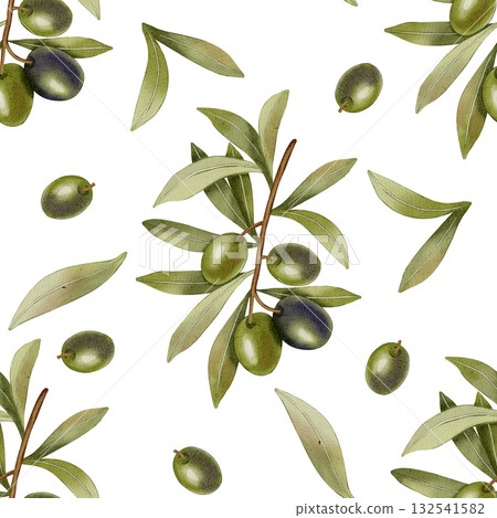 Green Olives. A seamless watercolor pattern with hand-drawn green olives, olive branches, and leaves. Food illustration. Perfect for fabric, packaging, and design. 132541582