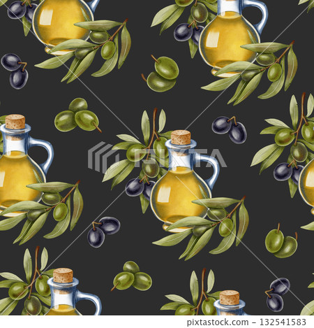 Hand-drawn watercolor seamless pattern with olive oil bottles, green and black olives, and branches. Food illustration. Ideal for kitchen, food, and packaging design. 132541583