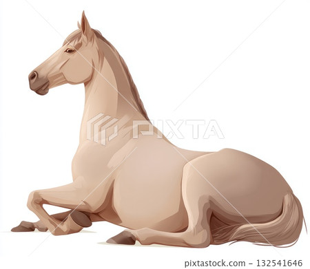 Relaxed beige horse lying down in a serene pose on a white background for artistic representation Relaxed beige horse lying down in a serene pose on a white background for artistic representation 132541646