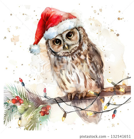 Festive owl wearing a Santa hat perched on a branch with colorful holiday lights and greenery Festive owl wearing a Santa hat perched on a branch with colorful holiday lights and greenery 132541651