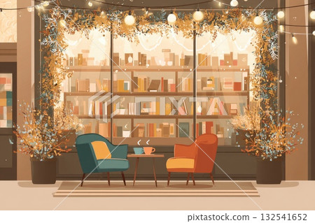 Cozy outdoor reading nook with colorful chairs and illuminated bookshelves in autumn setting 132541652